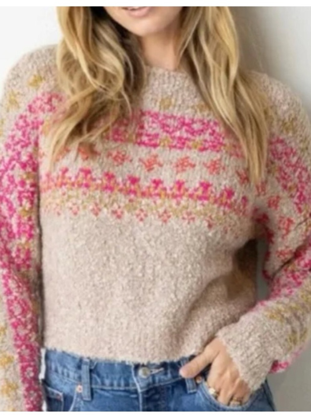 Cozy Pink Patterned Crewneck Sweater